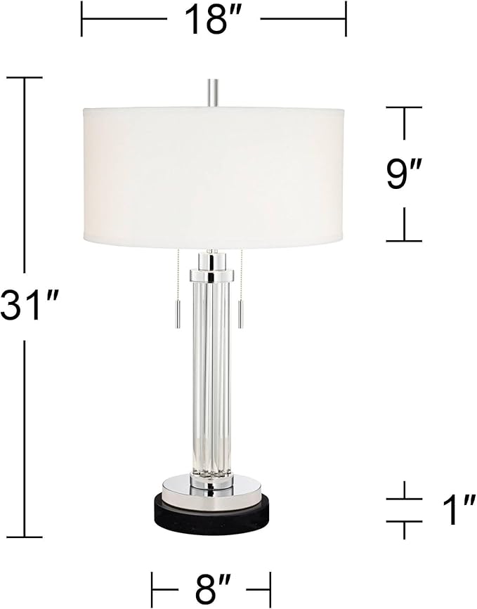 Possini Euro Design Cadence Modern Table Lamp 30" Tall with Round Black Marble Riser Linear Glass Rod White Linen Drum Shade for Bedroom Living Room Nightstand Bedside Night Stand Office Kids Room
