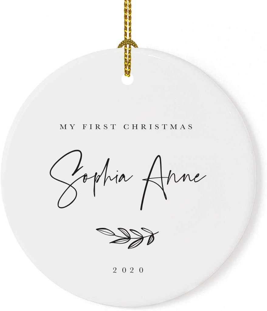 Andaz Press Personalized Baby 1st Christmas Round Ceramic Porcelain Christmas Tree Ornament Engagement Keepsake Collectible Gift, My First Christmas, Sophia Anne 2025, Antique Handdrawn, 1-Pack