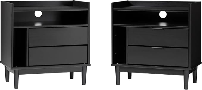 Walker Edison Blythe Mid-Century Modern Tray-Top Storage Nightstands Set of 2 Black