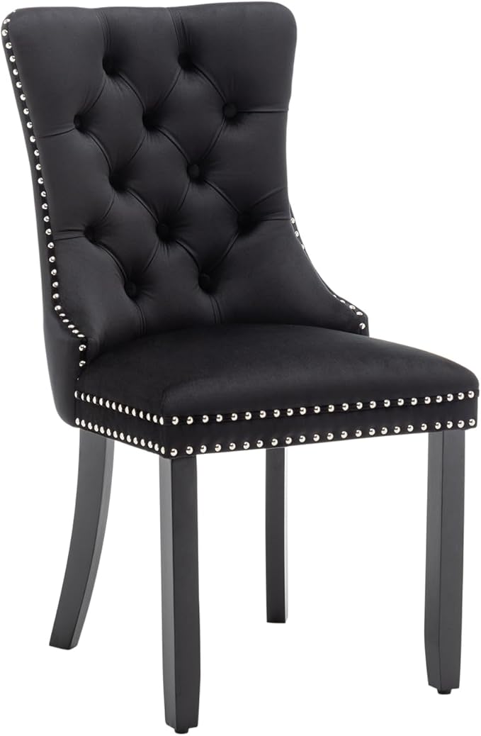 Velvet Dining Chairs Set of 6, Tufted Dining Room Chairs with Nailhead Ring Pull Trim, Upholstered Dining Chairs with Solid Wood Legs for Kitchen Dining Room, Sillas De Comedor (Black)