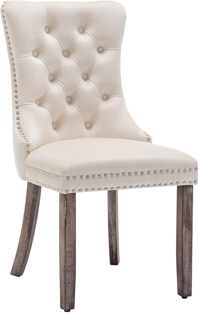 Velvet Dining Chairs Set of 4, Upholstered Dining Room Chairs with Nailhead Ring Pull Trim, Button Tufted Wing Back Chairs for Dining with Solid Wood Legs for Kitchen Dining Room(Beige)