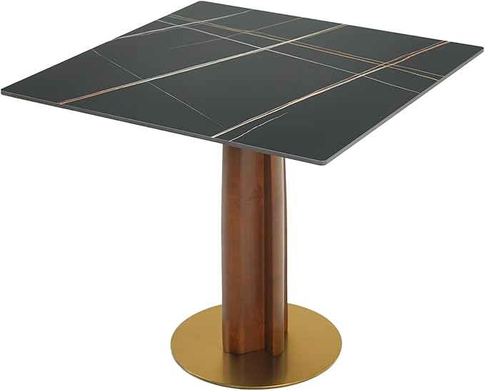 Sintered Stone Square Office Table and Chair Set - Meeting Table for Small Offices (Walnut‌ Leg and Black Top, 1 Table and 4 Chairs)