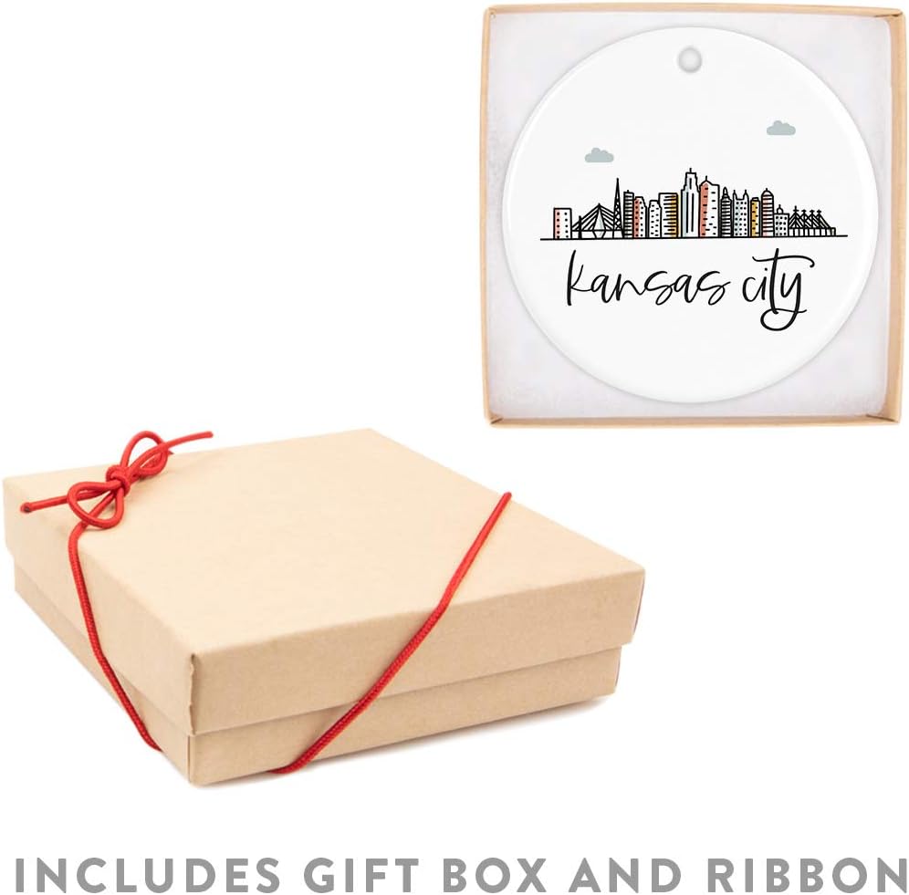 Andaz Press Round Ceramic Porcelain Christmas Tree Ornament, Colorful Kansas City Skyline 1-Pack, Birthday & for Family & Coworkers, Includes Box