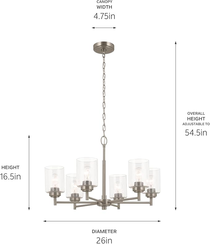 KICHLER Winslow 26" 6 Light Chandelier with Clear Seeded Glass in Brushed Nickel for Dining Room, Living Room, Kitchen and Rooms with Vaulted Ceilings, Industrial Style, (26" x 26" x 16.5") 52616NI