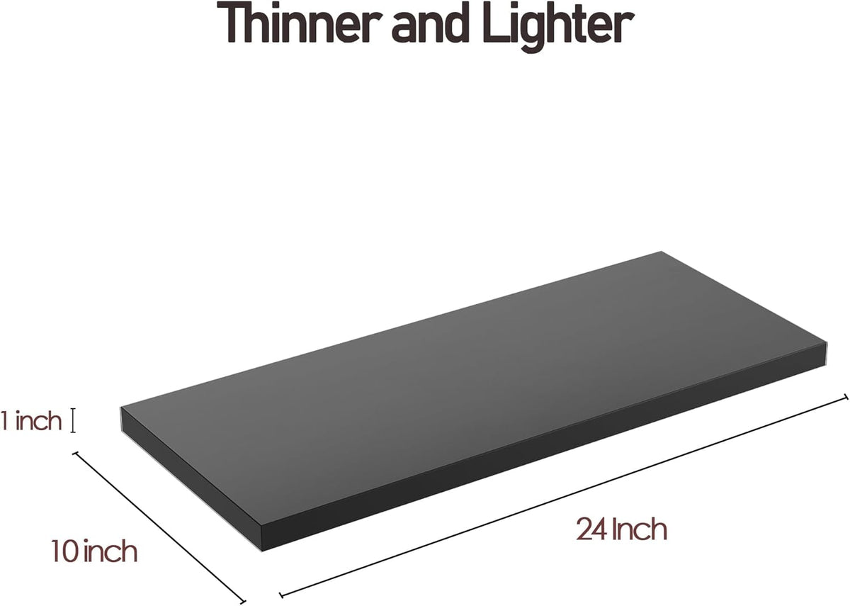 Wall Shelf Set of 2, Black Floating Shelves 24 in W x 10 in D x 1 in H, Wooden Floating Wall Shelf with Invisible Brackets for Living Room/Bedroom/Bathroom/Kitchen Storage and Decor
