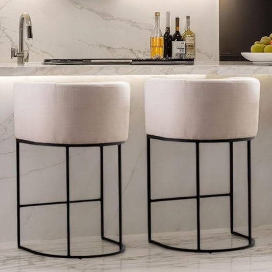 Contemporary Cream Linen Bar Stools Set of 2, 29" Upholstered Fabric Counter Height Barstools Kitchen Counter Island Stools with Screwed Together Black Metal Base