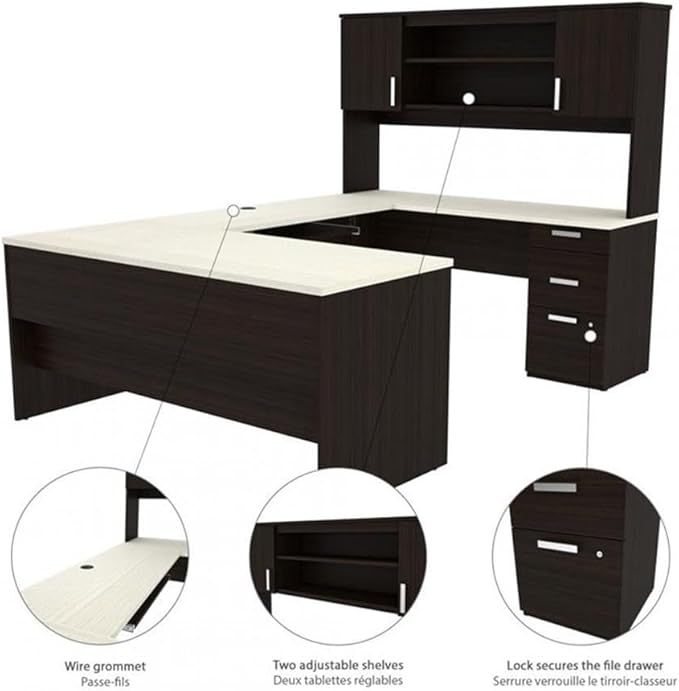 Pemberly Row U Shaped Computer Desk in Dark and White Chocolate