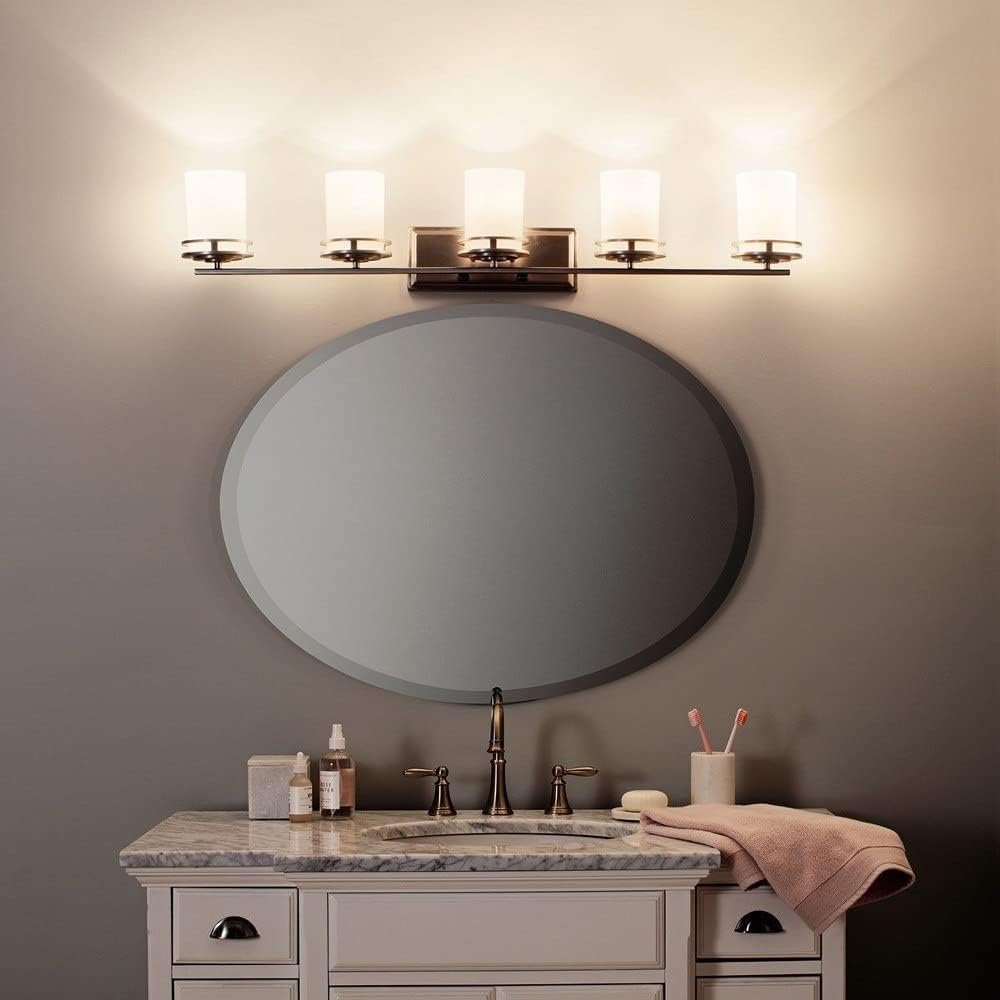 Kichler Hendrik 43" 5 Light Vanity Light with Light Umber Etched Glass Olde Bronze®