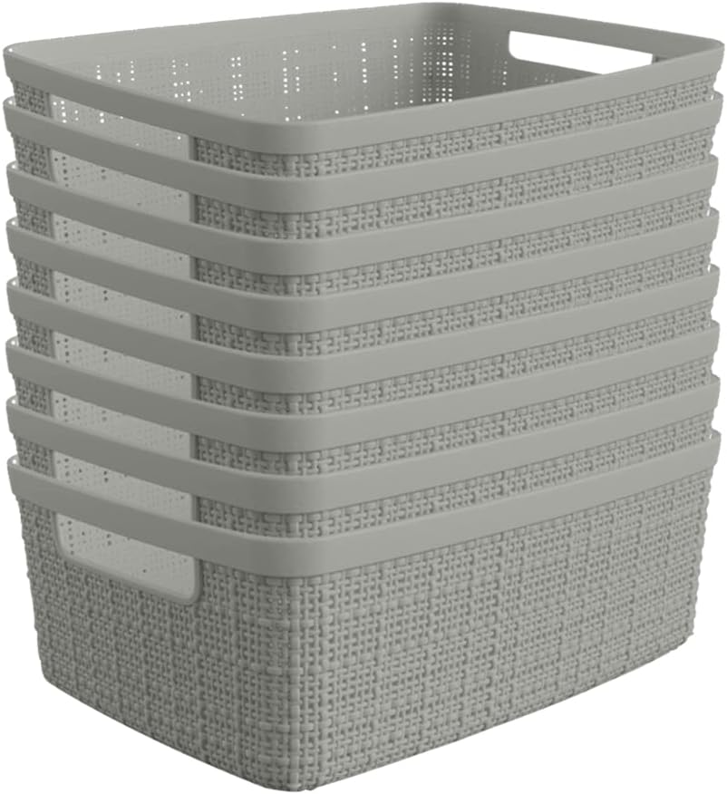 Curver Jute Decorative Plastic Organization and Storage Basket Perfect Bins for Home Office, Closet Shelves, Kitchen Pantry and All Bedroom Essentials, Small, Grey, Set of 8