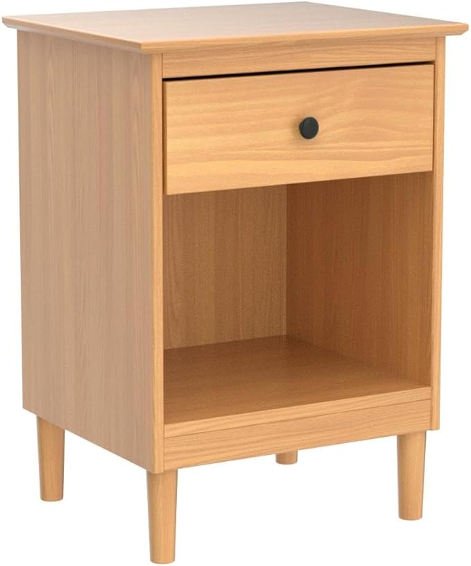 Walker Edison Russ Mid Century Modern 1-Drawer Solid Wood Nightstand Set, 2 Pack, Caramel