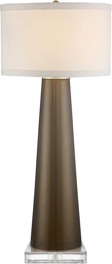 Possini Euro Design Karen Modern Table Lamp 37 1/2" Tall with Clear Square Riser Dark Gold Glass Column Off White Fabric Drum Shade for Bedroom Living Room House Bedside Nightstand Office Entryway
