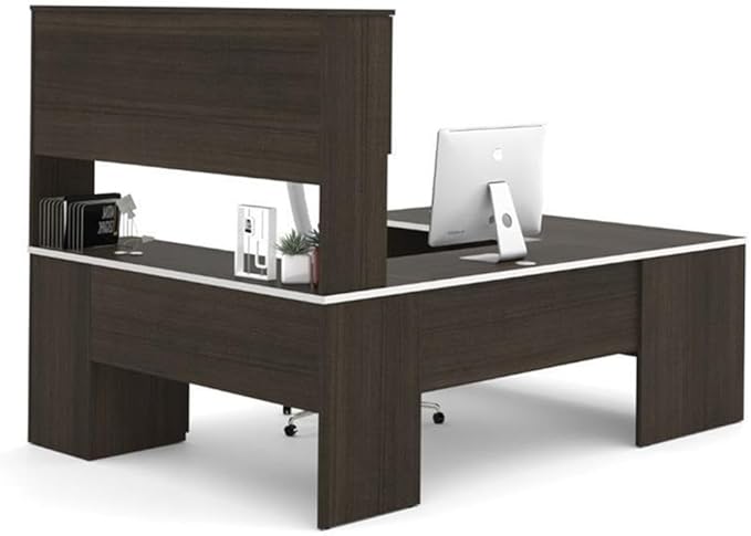 Pemberly Row U Shaped Modern Executive Computer Desk with Pedestal and Hutch in Brown Chocolate