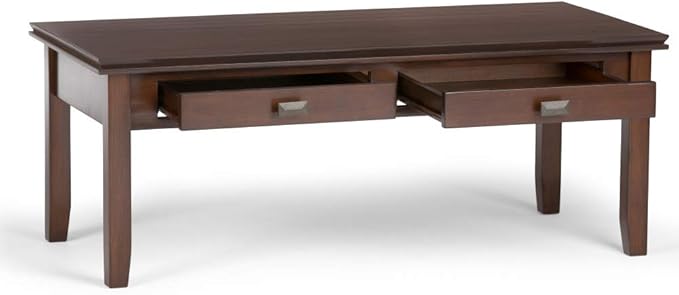 SIMPLIHOME Artisan Coffee Table - 46 inch Wide Solid Wood Transitional Cocktail Table in Russet Brown, Classic Living Room Table with 2 Drawers, Open Shelf, and Square Brushed Nickel Knobs