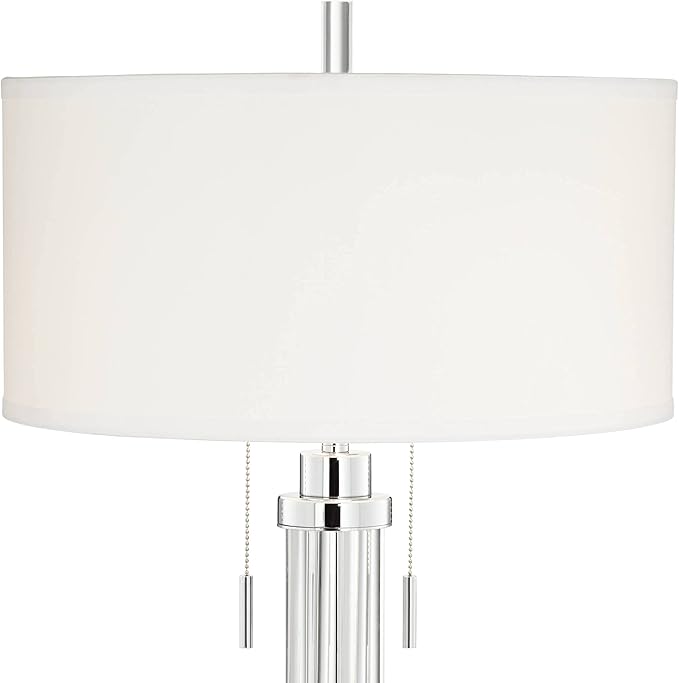 Possini Euro Design Cadence Modern Art Deco Style Column Table Lamp 30" Tall Chrome Silver Linear Clear Glass Rod White Drum Shade Decor for Living Room Bedroom House Bedside Nightstand Home Office