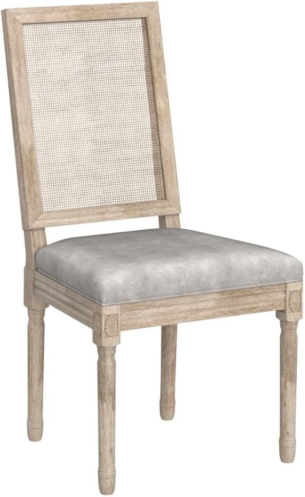 PU Leather Dining Chairs Mid Century Kitchen Chairs Set of 4 Upholstered Parsons Chairs Accent Side Chair with Rattan Back for Living Room Dining Room Bedroom, Grey