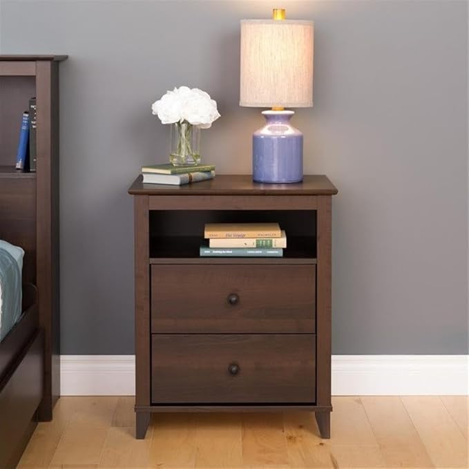 Prepac Yaletown Traditional 2-Drawer Tall Nightstand Side Table, Bedside Table with 2 Drawers and Open Shelf 16" D x 23" W x 28" H, Espresso, EDNH-1202-1