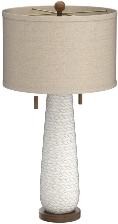 Possini Euro Design Kingston Mid Century Modern Table Lamp 32 3/4" Tall White Grooved Patterned Ceramic Taupe Drum Shade for Bedroom Living Room House Bedside Nightstand Home Office Entryway Family