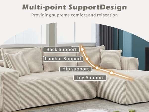 PELUMY 108.7" L-Shaped Modular Sectional Sofa with Oversized Chaise, Cloud Couch with Memory Foam, No Assembly Required Sleeper Sofa for Small Space Living Room, Apartment (Beige, Corduroy)