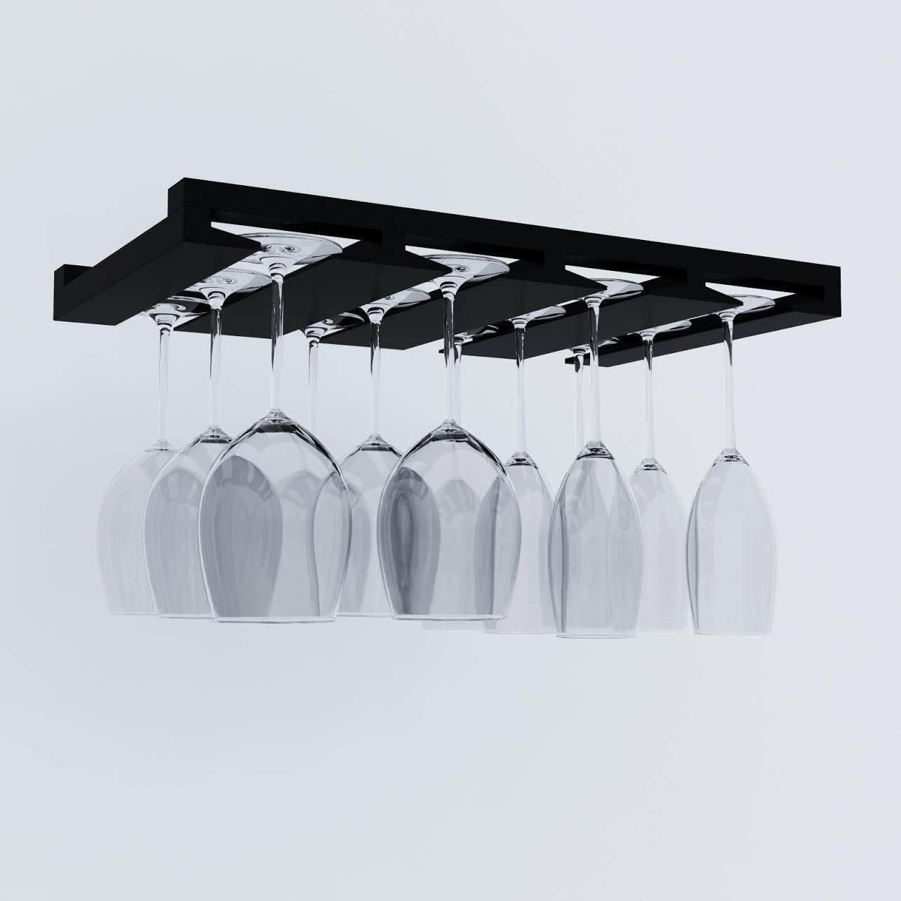 Rustic State Eze 4 Sectional Wood Under Cabinet Wine Glass Holder Wine Glass Rack Hanging Shelf Stemware Bar Organizer - 12 Wine Glass Storage - 10 Inch Deep - Black
