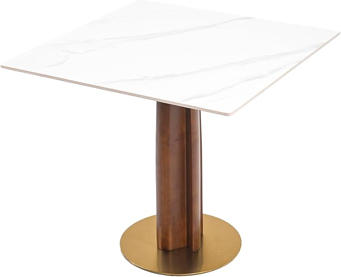 Sintered Stone Square Office Table and Chair Set - Meeting Table for Small Offices (Walnut‌ Leg and White Top, 1 Table and 2 Chairs)