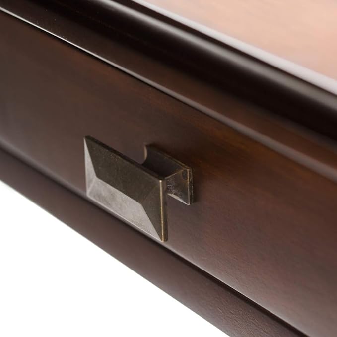 SIMPLIHOME Artisan Coffee Table - 46 inch Wide Solid Wood Transitional Cocktail Table in Russet Brown, Classic Living Room Table with 2 Drawers, Open Shelf, and Square Brushed Nickel Knobs