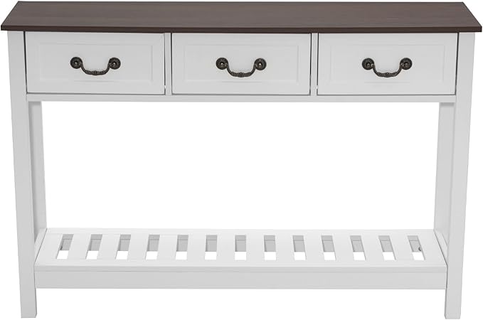 VEVOR 47 in Console Table, Farmhouse Desk Behind The Couch with Drawers and Bottom Storage Shelf, Wooden Rectangle Entrance Narrow Sofa Table for Hallway, Bedroom, Living Room, Foyer, Brown + White