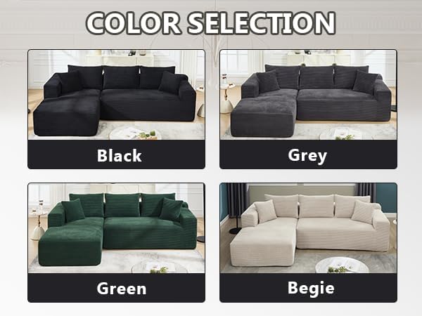 PELUMY 108.7" L-Shaped Modular Sectional Sofa with Oversized Chaise, Cloud Couch with Memory Foam, No Assembly Required Sleeper Sofa for Small Space Living Room, Apartment (Black, Corduroy)