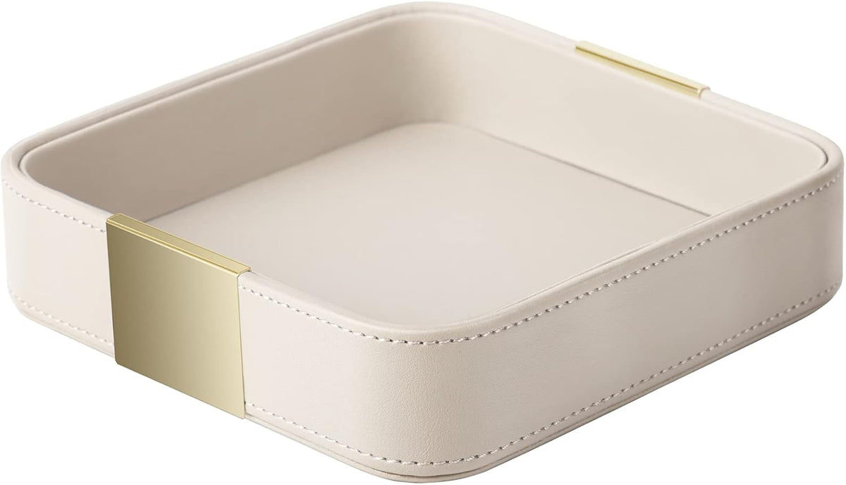 SANZIE Luxury Leather Desktop Storage Small Catchall Organizer Decorative Tray for Entryway Table to Hold Jewelry Watch Cosmetics Keys Phone Wallet, Home & Office Accessories (Metal Glided, Grey)