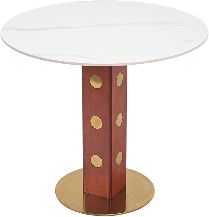 Sintered Stone Office Table - 33.5" Round Table for Small Offices (Red Leg and White Top, 1 Table Only)