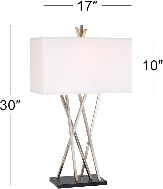 Possini Euro Design Asymmetry 30" Tall Large Modern End Table Lamps Set of 2 Silver Brushed Steel Finish Metal Linen White Shade Living Room Bedroom Bedside Nightstand House Office Home Reading