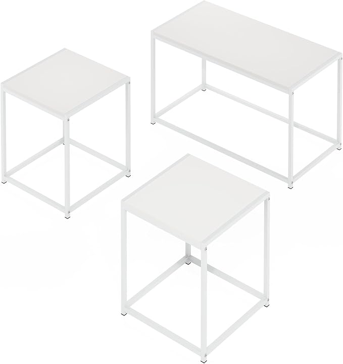 Furinno CAMNUS Coffee Table, Metal Frame Modern Coffee Table and Side Tables Set, Toolless Side Table Sets, for Living Room, Bedroom, Home Office, Solid White