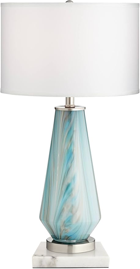 Possini Euro Design Jaime Coastal Table Lamp 26" High with Square White Marble Riser Blue Gray Art Glass White Drum Shade for Bedroom Living Room Nightstand Bedside Night Stand Office Kids Room