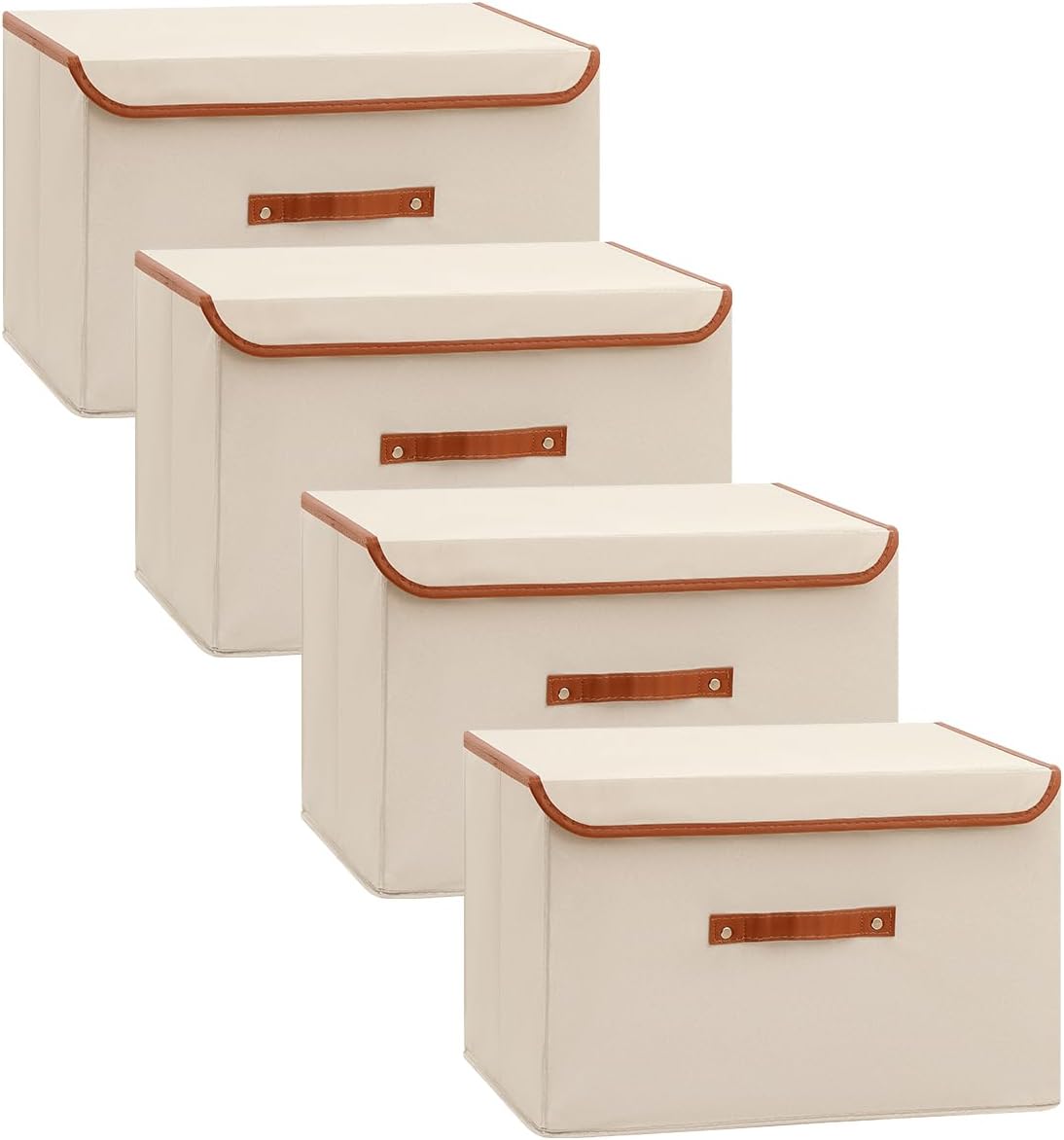Tuza 4 Pack Large Fabric Storage Bins with Lids, Foldable Storage Boxes with Lids for Organizing, Decorative Storage Boxes with Handles for Home, Bedroom, Closet, Office(Khaki, Medium)