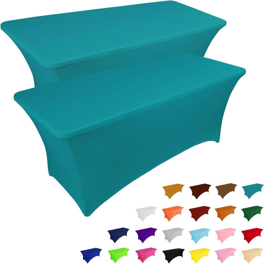 IVAPUPU 2 Pack 4FT Table Cloth for Rectangular Fitted Events Stretch Lake Blue Table Covers Washable Cover Spandex Tablecloth Protector for Party, Wedding, Cocktail, Banquet, Festival