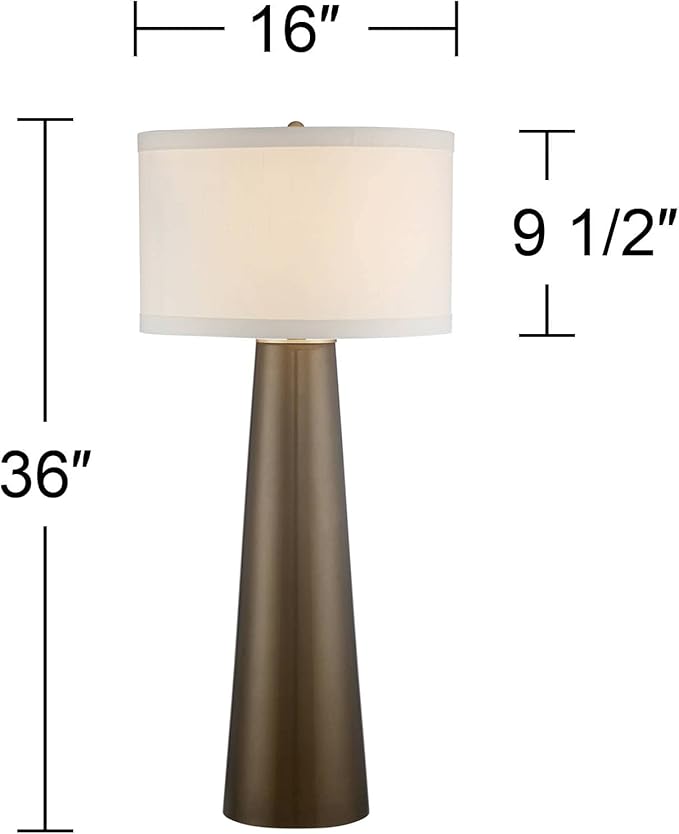 Possini Euro Design Karen Modern 3-Way Table Lamp 36" Tall with Dimmer Dark Gold Glass Column Off White Fabric Drum Shade for Bedroom Living Room House Bedside Nightstand Home Office Entryway Family