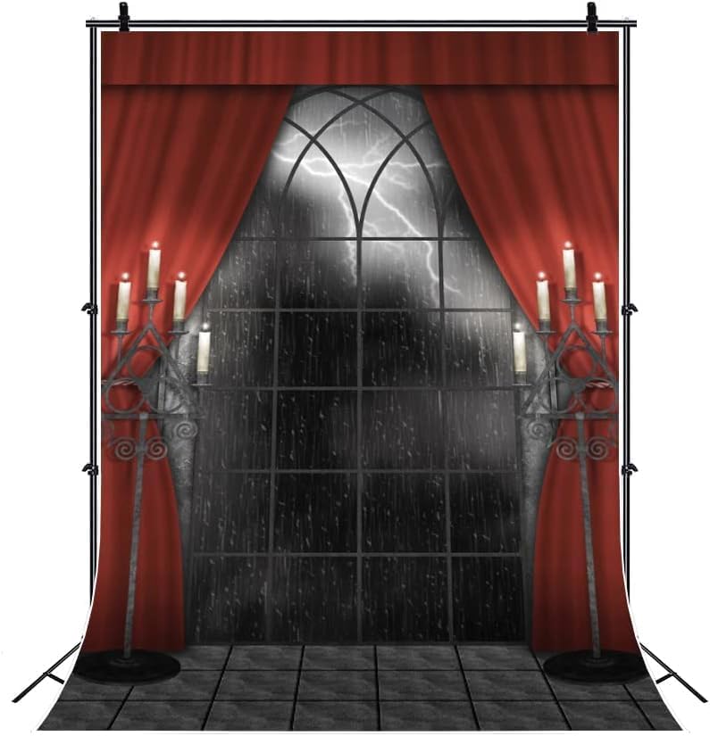 Renaiss 6x9ft Vintage Gothic Window Backdrop Red Curtain Candlestick Black Floor Lightning Stormy Sky Vampire Medieval Castle Photography Background Halloween Dress Up Party Decors Photo Booth Props