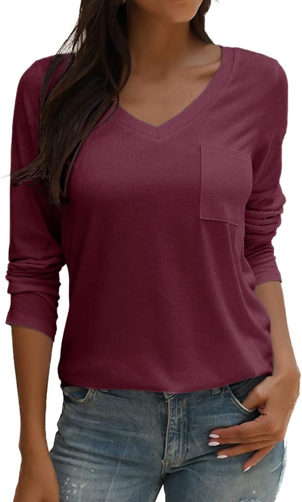 Tobrief Women's Long Sleeve V-Neck Shirts Fall Graphic Tees Loose Casual T-Shirt