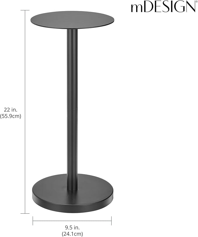 mDesign Glass Top Side/End Drink Table - Tall Modern Round Accent Metal Nightstand Furniture for Living Room, Dorm, Home Office, and Bedroom - 9" Round - Matte Black