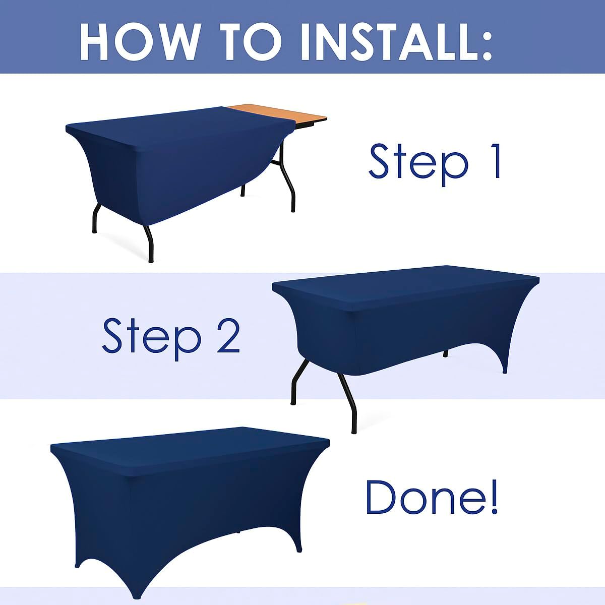 Craft And Party 2 Pack 8ft Navy Blue Spandex Tablecloth – Fitted Stretch Cover – Universal Fit for Folding Tables – Wrinkle-Free, Washable – Ideal for Parties, Weddings, Events