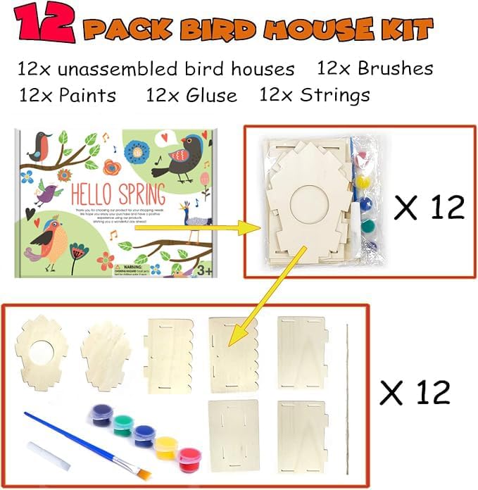 hapray 12 Pack Bird House Kit, DIY Birdhouse Kits, Wooden Crafts Arts for Children to Build and Paint (Includes Paints & Brushes) for Kids Girls Boys Toddlers Halloween Christmas Gift