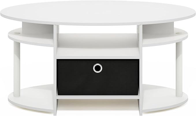 Furinno Jaya Coffee Table, Oval Modern Coffee Table with Shelves and Storage Bin, Side Table, for Living Room, Bedroom, Home Office, White