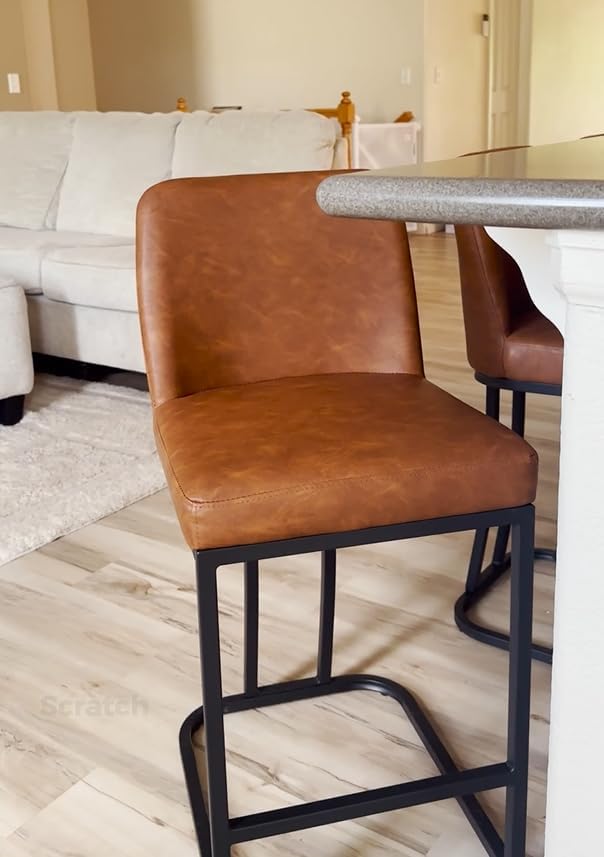 MAISON ARTS Counter Height Bar Stools with Back for Kitchen Counter, 24 Inch Modern Upholstered Faux Leather Barstools Farmhouse Bar Chairs Luxury Island Stools Support 330LBS, Brown