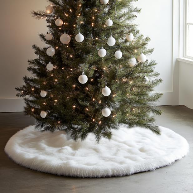 AISENO 72 Inch White Faux Fur Christmas Tree Skirt, Luxury Plush Tree Base Cover for Holiday Party and Home Christmas Decor