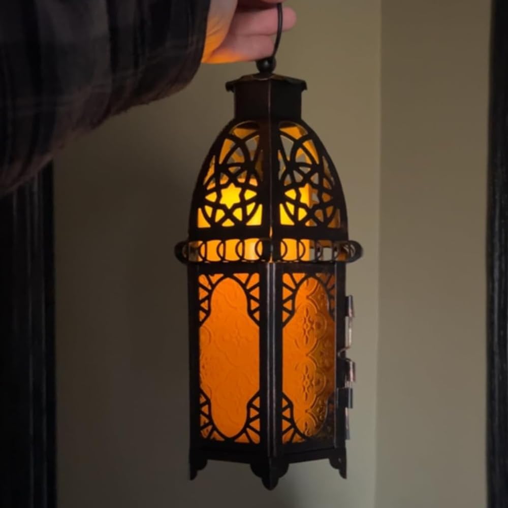 NEEDOMO 12.8'' Moroccan Lanterns Decorative Indoor & Outdoor, Vintage Christmas Candle Holder, Metal Lanterns Decorative, Table, Patio, Porch, Shelf, Christmas Spring Halloween Home Decor (Amber)