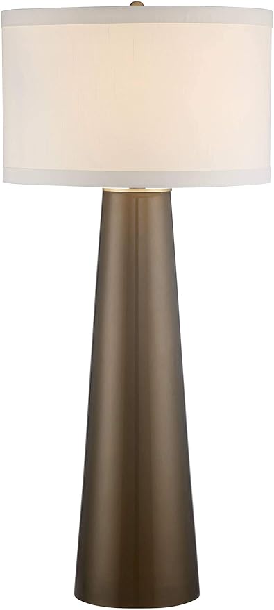 Possini Euro Design Karen Modern 3-Way Table Lamp 36" Tall with Dimmer Dark Gold Glass Column Off White Fabric Drum Shade for Bedroom Living Room House Bedside Nightstand Home Office Entryway Family