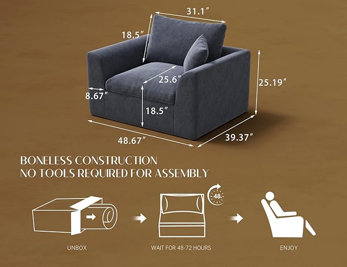 48.6" Single Sofa, Small Boneless Couches for Living Room, Cloud Couch for Bedroom, Office, Grey