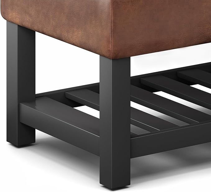 SIMPLIHOME Cosmopolitan Storage Ottoman Bench - 44 inch Wide Upholstered Vegan Leather Rectangle Storage Ottoman in Distressed Saddle Brown, Transitional Bench for Bedroom with Tufted Lift-Top