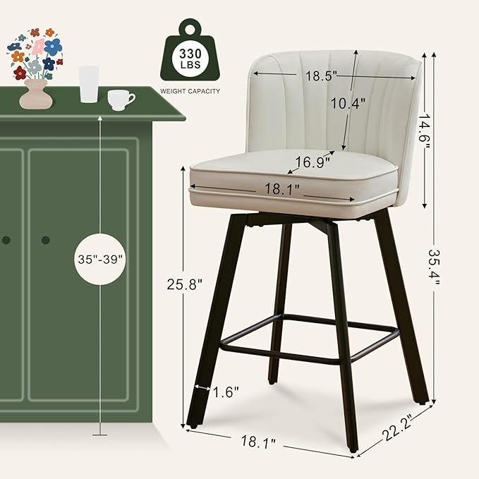 Swivel Counter Height Bar Stools Set of 4, 26'' Modern Barstools with Backs and Metal Legs, Upholstered Bar Chairs, Faux Leather White Stools for Kitchen Island Chairs