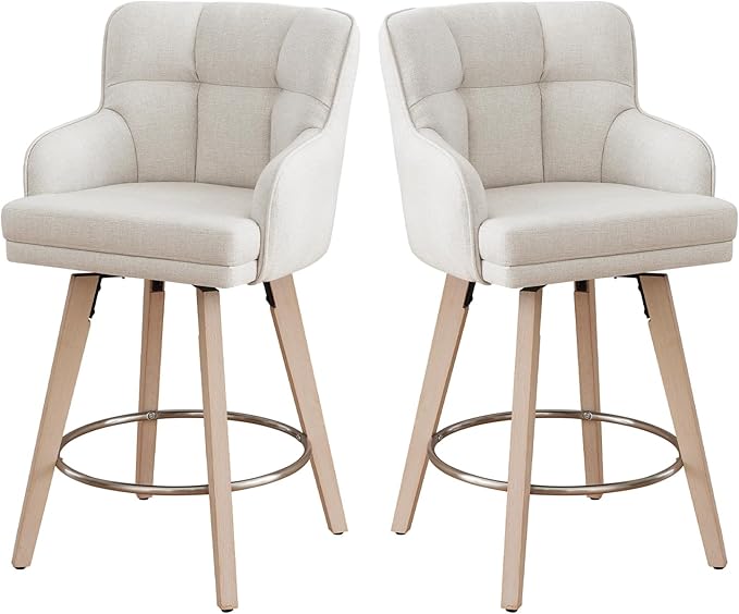 360°Swivel Counter Height Bar Stools with Back, 26 inch Solid Wood Legs, Bar Stool Modern Kitchen Island Chairs, Fabric (Beige- Fabric, 26" H- Set of 2)