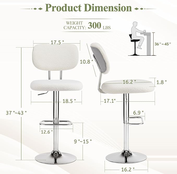 Furniliving Adjustable Bar Stools Set of 2, Modern Teddy Velvet Swivel Barstools with Curved Back, Stylish Armless Counter Height Bar Stools Bar Chairs for Kitchen Island, Bar, Grey